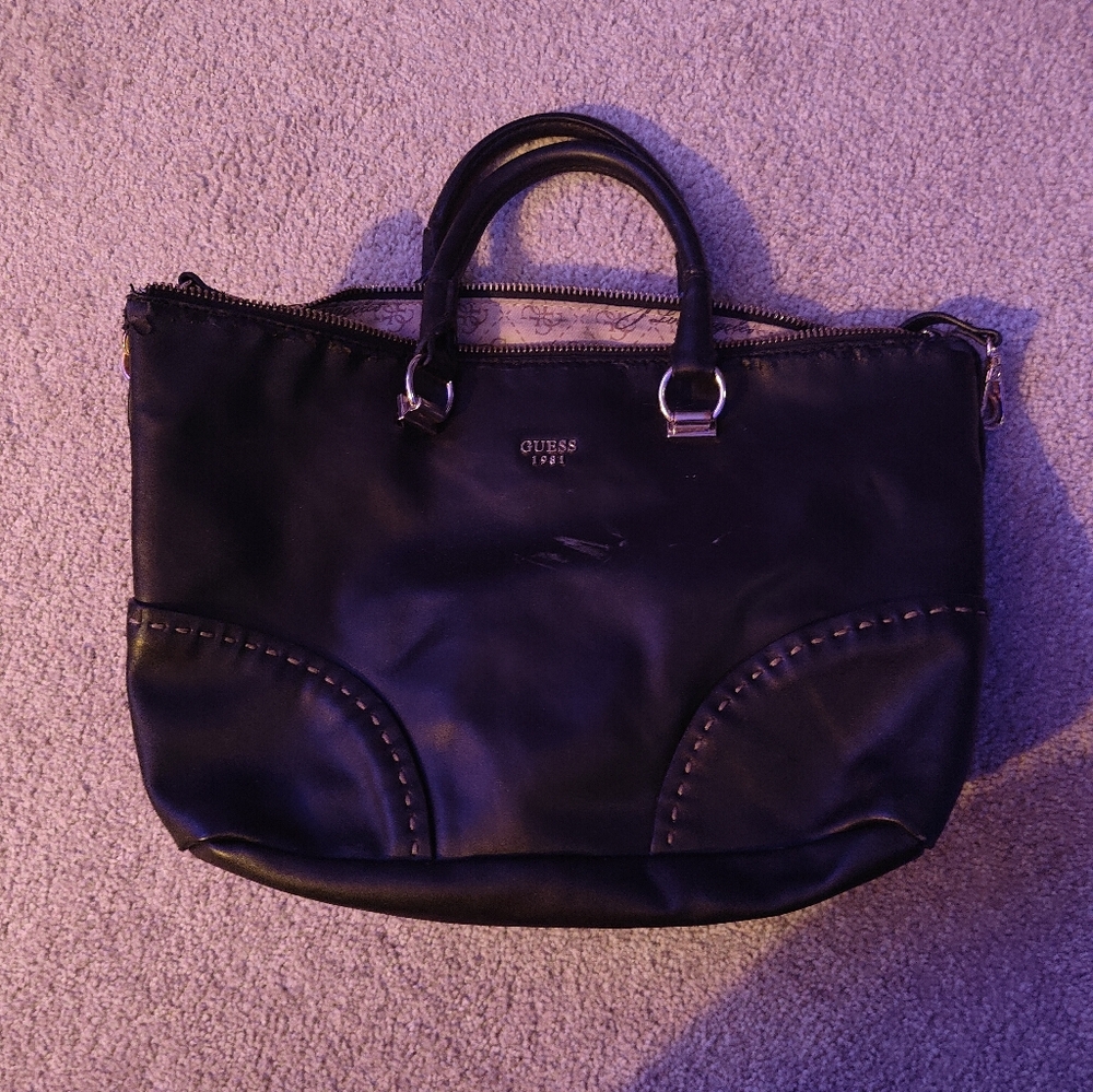 GUESS Black Leather Satchel with Stud Trim